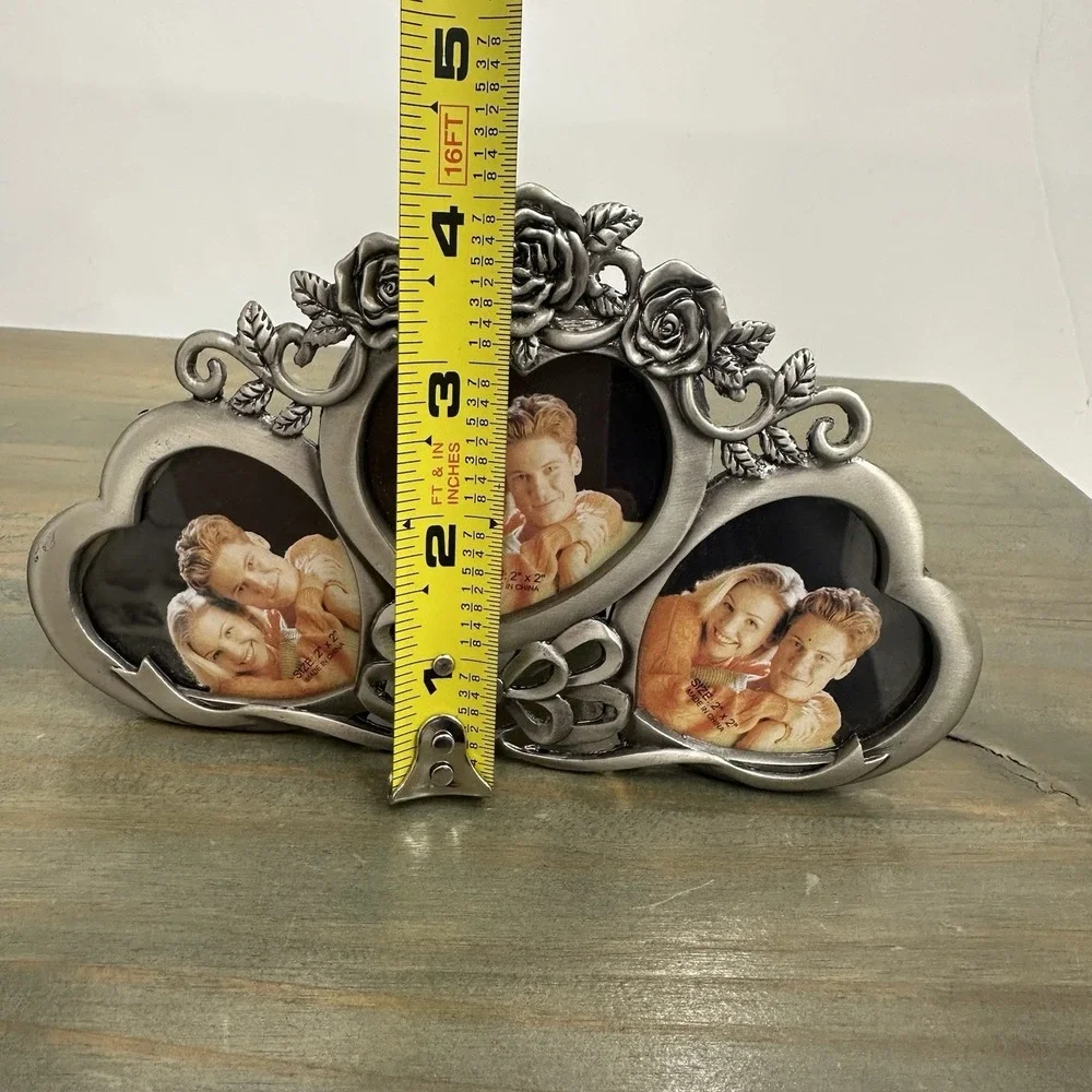 Vintage Ornate Silver Metal‎ 3 Hearts Roses Picture Frame For 3 Photos Victorian